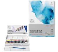Winsor & Newton, Cotman Watercolour, 'Studio Set', 45 x Half Pans + 1 x Cotman Watercolour Round Brush Bundle with Watercolour Paper Pad, A4, 12 Sheets, 300 g/m, Glue Bound, Natural White