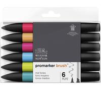 Winsor & Newton, Promarker Brush, Mid Tones, Set of 6, Alcohol Based Dual Tip Markers