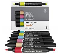 Winsor & Newton, Promarker Brush, Mid Tones, Set of 6, Alcohol Based Dual Tip Markers