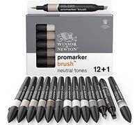Winsor & Newton, Promarker Brush, Neutral Tones, Set of 12 + 1 Blender, Alcohol Based Dual Tip Markers