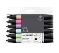 Winsor & Newton, Promarker Brush, Pastel Tones, Set of 6, Alcohol Based Dual Tip Markers