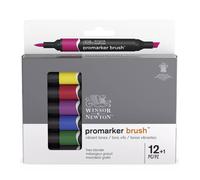 Winsor & Newton, Promarker Brush, Vibrant Tones, Set of 12 + 1 Blender, Alcohol Based Dual Tip Markers