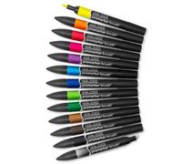 Winsor & Newton, Promarker Brush, Vibrant Tones, Set of 12 + 1 Blender, Alcohol Based Dual Tip Markers