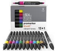 Winsor & Newton, Promarker Brush, Vibrant Tones, Set of 12 + 1 Blender, Alcohol Based Dual Tip Markers