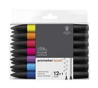 Winsor & Newton, Promarker Brush, Vibrant Tones, Set of 12 + 1 Blender, Alcohol Based Dual Tip Markers