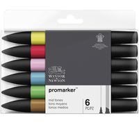 Winsor & Newton, Promarker, Mid Tones, Set of 6, Alcohol Based Dual Tip Markers