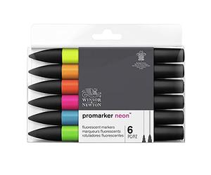 Winsor & Newton ProMarker, Neon, Set of 6 | Twin-tipped, Broad chisel nib for broad strokes & shading, Fine bullet tip for precision, Alcohol-Based Ink