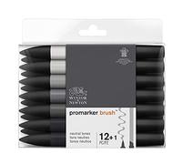 Winsor & Newton, Promarker Brush, Neutral Tones, Set of 12 + 1 Blender, Alcohol Based Dual Tip Markers