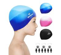 Winsyne 3 Pack Kids Swimming Cap for Boys Girls, Unisex Silicone Swimming Hat for 3-15 Toddler Children Teen, Waterproof Bathing Swim Cap for Short/Long Hair to Keep Hair Dry-Multicolor-01