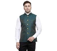 WINTAGE Men's Banarsi Rayon Cotton Bandhgala Festive Nehru Modi Jacket Waistcoat : Green, X-Small