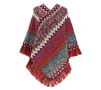 Winter 2024 Retro Ethnic Knit Ponchos Ladies Poncho with Fringed Hem Ladies Knitted Shawls and Wraps Autumn Crochet Cape Shawl Wrap Long Sweater Poncho Top Christmas Holiday Festival (C, One Size)