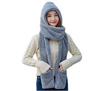 Winter 3 in 1 Faux Fur Bomber Hat Neck Warmer Ear Flap Hooded Scarf Hats Hoodie Gloves Pocket Hat Long Scarf Shawl Wraps Coral Fleece Fluffy Warm Beanie Caps Winter Headwarmer Grey One Size