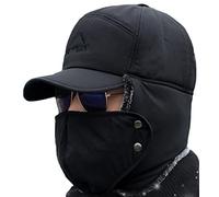 Winter 3 in 1 Thermal Fur Lined Trapper Bomber Hat with Ear Flap Face Warmer Windproof Baseball Ski Cap - black - Large