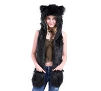 Winter Animal Faux Fur Hooded Scarf 3 in 1 Furry Animal Hat Windproof Warm Hat Cute Furry Ear Paw Gloves Pocket Ear Protection Cap for Women Girls