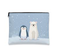 Winter Animal Makeup Bag, Cute Penguin and Polar Bear Cosmetic Travel Pouch for Women, Portable Small Canvas Zipper Organizer, Holiday Skincare Toiletry Bag, Blue, 7x9 Inch