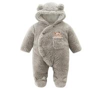Winter Baby Fleece Romper Footed Onesie, Bear Cartoon Hooded Jumpsuit Toddler Snap Button One-Piece Outfits Coat Grey 6-9 Months