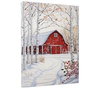 Winter Barn Canvas Wall Art, Red Farmhouse Winter Scene Prints, Rustic Home Aesthetic Decor For Living Room, Bedroom, Holiday, Unframed 12x16 Inch
