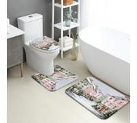 Winter Bathroom Mat Sets 3 Piece, Cozy Peach House Landscape Absorbent Non Slip Toilet Rugs U Shaped Washable, Snowy Village Quick Dry Flannel Bathroom Rug Set