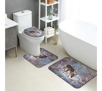 Winter Bathroom Mat Sets 3 Piece, Cute Fawn Floral Absorbent Non Slip Toilet Rugs U Shaped Washable, Nature Inspired Quick Dry Flannel Bathroom Rug Set