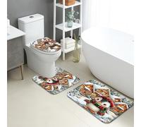 Winter Bathroom Mat Sets 3 Piece, Cute Penguin Cabin Absorbent Non Slip Toilet Rugs U Shaped Washable, Festive Snowy Quick Dry Flannel Bathroom Rug Set