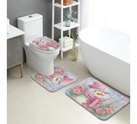 Winter Bathroom Mat Sets 3 Piece, Snow Man Peach Roses Absorbent Non Slip Toilet Rugs U Shaped Washable, Seasonal Floral Quick Dry Flannel Bathroom Rug Set