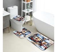 Winter Bathroom Mat Sets 3 Piece, Snowy Cottage Christmas Absorbent Non Slip Toilet Rugs U Shaped Washable, Festive Holiday Quick Dry Flannel Bathroom Rug Set