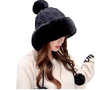 Winter Beanie Hat For Women - Knitted Slouchy Earflap Hat With Faux Fur Pom Pom - Black, One Size