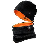 Winter Beanie Hat Scarf for Men Women Knit Thick Fleece Lined Warm Windproof Ski Skull Cap Neck Warmer Gaiter Face Scarf Set, Black+Orange, One Size