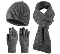 Winter Beanie Hat Scarf Gloves Set Thick Knitted Long Scarf Thermal Touch Screen Gloves for Men Women Grey