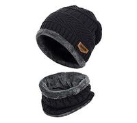 Winter Beanie Hat Scarf Set Warm Knit Hat for Men/Women |Unisex Thick Fleece Lined Winter Cap Neck Warmer, Black, One Size