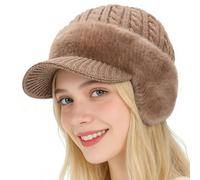 Winter Beanie Hat with Ear Flaps & Brim - Windproof Fleece Lined Thermal Hat for Men & Women | Thickened Knitted Hats for Hiking, Skiing, Cycling & Outdoor Sports | Gift for Dad (21-22 Inch) Khaki