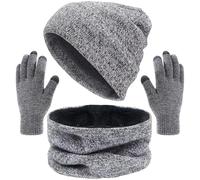 Winter Beanie Scarf Gloves Set, Knitted Hats Scarf Gloves, Pom Pom Hat with Warm Fleece Lined Long Knit Touchscreen Set for Sports Outdoor - 3 Pieces