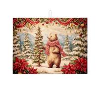 Winter Bear Dish Drying Mats for Kitchen Counter, Rustic Christmas Bear Absorbent Dish Drainer Rack Mat, Cozy Microfiber Drying Pad for Kitchen Counter Holiday Protector 18x24 Inch