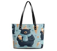 Winter Bear Ice Cream Tote Bag Large Soft Leather Purse with Zipper Lightweight Ladies Shoulder Handbag