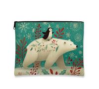 Winter Bear Makeup Bag, Cute Polar Bear and Penguin Cosmetic Travel Pouch for Women, Portable Small Canvas Zipper Organizer, Holiday Skincare Toiletry Bag, Teal, 7x9 Inch, Bear