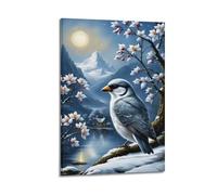 Winter Bird Serene Moonlit Snowy Mountain Lakeside Cabin Poster Decorative Canvas Family Bedroom Artwork Picture Painting 12x18inch(30x45cm)