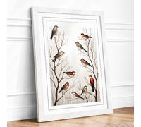 Winter Birds on Branches Botanical Framed Wall Art Print A4 (29.7×21cm)