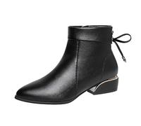 Winter Black Boots for Women Wide Fit Ladies Ankle Boots Stylish Classic Pull on Dress Booties Block Heel Pointed Toe Slip on Short Booties Fall Winter Shoes Footwear British Style Boot