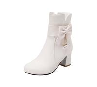 Winter Boots for Women Ankle Boots with Heel, Block Heel Ankle Boots with Butterfly Chelsea Boots Plain Short Boots PU Leather Boots Autumn Winter Transition Boots Women's Boots, White, 6 UK