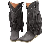 Winter Boots For Women uk Cowboy Autumn Winter Flat Mid Calf Chunky Heel Fringe Boot Mid Length Casual Stylish Plus Size Warm Inside Wide Calf Fashion Cowgirl Booties