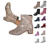 winter boots for women uk Ladies Boots Chunky Heel Mid Heel Short Women's Border Large Size Glitter Sequins Round Head Chunky Wide Fit Wedge Shoes Warm Lined Low Calf cushion walk Gold 6
