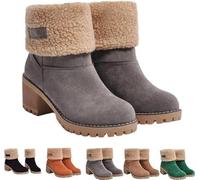 Winter Boots for Women UK, Womens Winter Boots，Comfortable Slip on Mid Chunky Heel Suede Warm Snow Ankle Boot Outdoor Shoes White Fur Boot