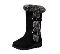 Winter Boots For Women, Warm Ladies Furry Boots Platform Cotton Warm Fur Snow Ankle Boot, Flat Mid-Calf Booties Cute Plus Size Shoe For Girls, Wedge Heel With Belt Buckle Suede Cowboy Boots
