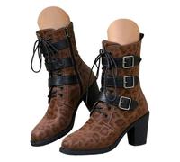 Winter Boots Women's Cowboy Boots Toe Block Heel and Leopard Print Slouchy Wide Western Heels Short Boots Western Boots Black Autumn Winter Women's Boots
