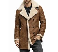 Winter Brown Real Leather Jacket -Mens High Collar Biker Jacket Fluff Lining Coat Winter Warm Outwear - Shearling Faux Fur Flight Aviator Natural