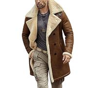 Winter Brown Real Leather Jacket -Mens High Collar Biker Jacket Fluff Lining Coat Winter Warm Outwear - Shearling Faux Fur Flight Aviator Natural