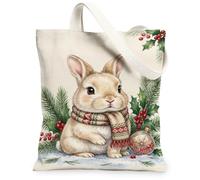 Winter Bunny Woodland Scene Rabbit Canvas Tote Bag 13x15 Inch | Fanciful Bunny Illustration, Pine Branch Accents, Classic Knitted Scarf Motif, Seasonal Botanical Elements