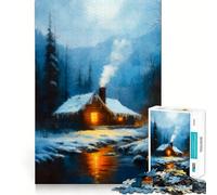 Winter Cabin by River Painting 1000 Piece Jigsaws for Adults Mind Train Fun Precision Cut Smooth Edges Absorbing Activity for Quiet Nights (50x75cm)
