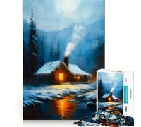 Winter Cabin by River Painting Adults 1000 Piece Jigsaw Puzzle Think Exercise Game Zero Gap Bonding Activity for Loved Ones (38x52cm)