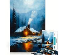 Winter Cabin by River Painting Jigsaws 1000 Pieces for Adults Memory Boost Game Professional Grade Cutting Heartwarming Gathering Activity (38x26cm)